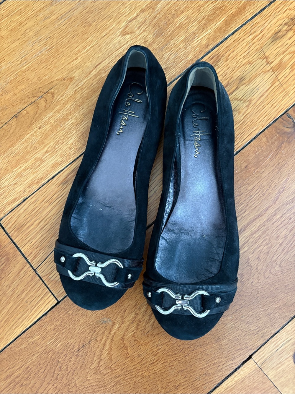 Cole Haan Black Suede Flats with Silver Horsebit Accent